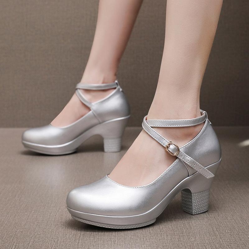 

Women Genuine Leather Shoes Med Block Heels Platform Shoes for Office Model Dance Mom 42EU/CN43 срібний