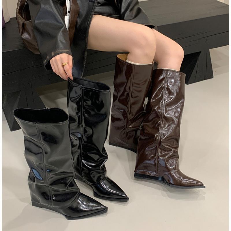 2025 New Patent Leather Knight Boots But Knee Boots Stacked Boots Retro Pointed Autumn and Winter Fashion