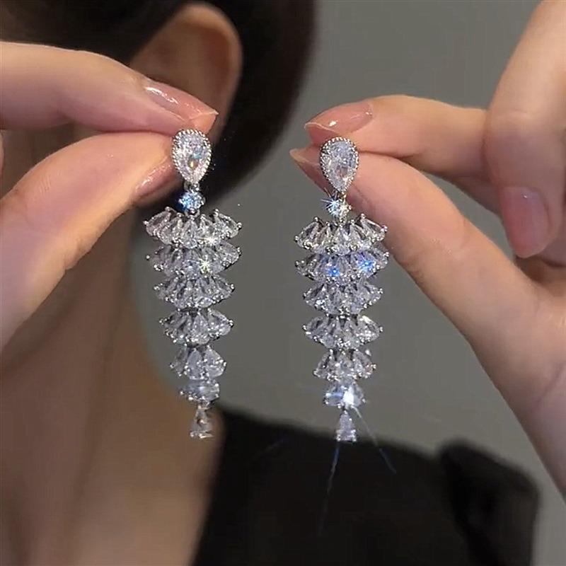 Silver Needle Zircon Waterdrop Tassel Earrings New Fashionable Light Luxury Versatile Stud Earrings with a Unique Sense of High-End Earring Design