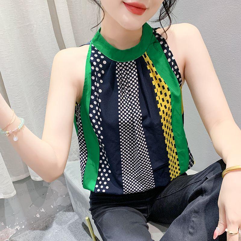 

Летний Чистый Темперамент Сладкий Топ-майка с подвеской на шее Женский в западном стиле с принтом «горошек» Без рукавов С открытыми плечами 3XL зелёный