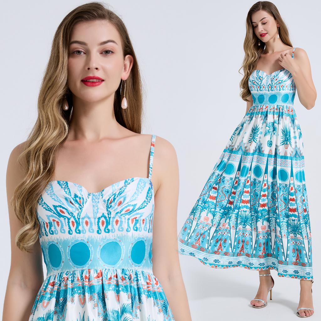 Green Floral Print Sexy Spaghetti Straps Dress Women High Waist A-line Long Holiday Summer Dresses Party Robes 2026