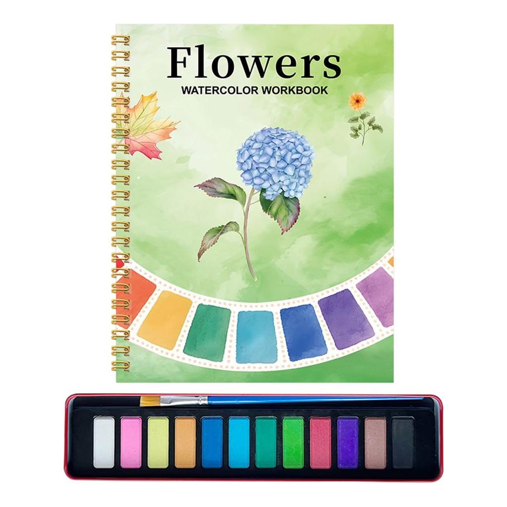 Watercolor Workbook Painting Book 12 Colors & Brush Educational Color Drawing Pages Painting Kit For Practice Your Painting