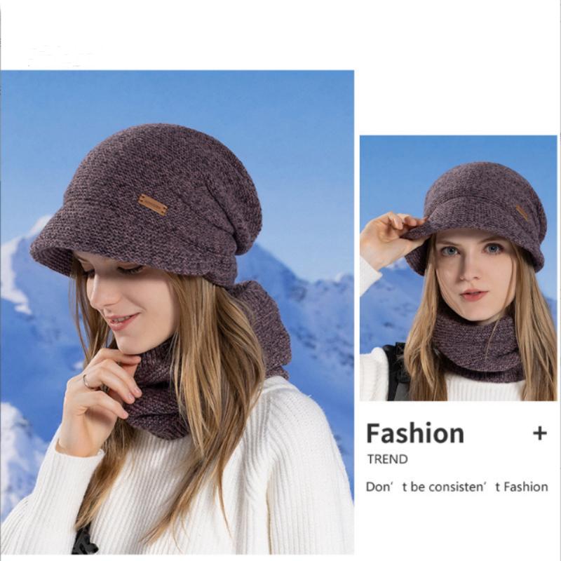 Conjunto de gorros cálidos, bufanda y gorro de invierno, gorro de punto cálido con protección contra el frío de terciopelo, conjunto de gorros de punto para mujer