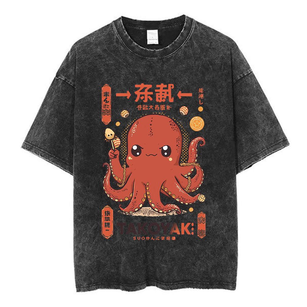 Vintage Washed Osaka Dotonbori Drunken Octopus Takoyaki Funny T Shirts Men Women Retro Japanese Style Oversized Cotton TShirts