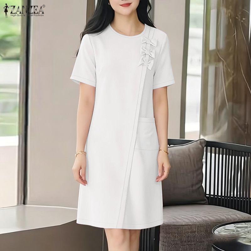 ZANZEA Women Bows Splice Summer Casual Round Neck Short Sleeve Dress