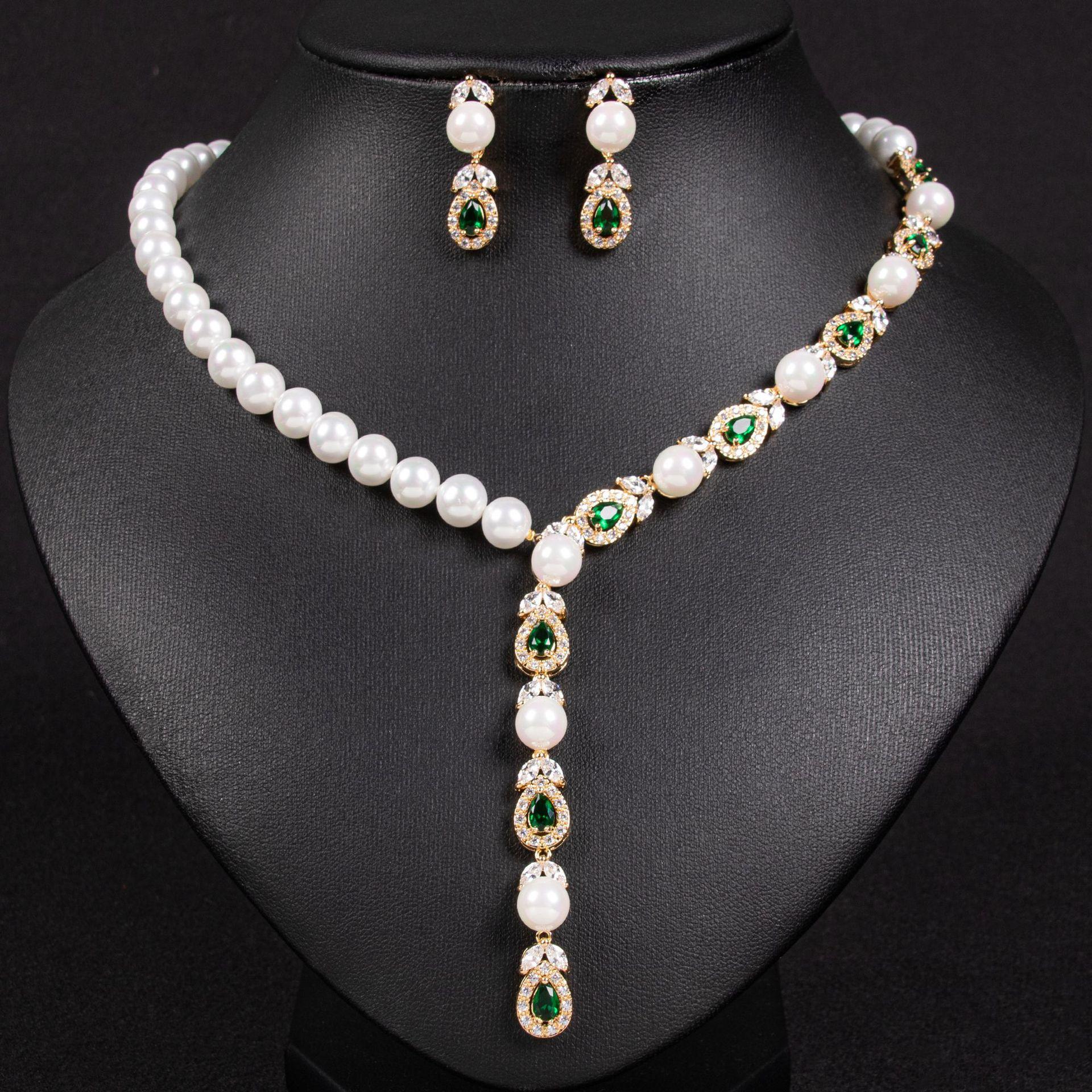 

Luxury Pearl Necklace Earrings Set Full of Diamonds Banquet Exquisite Accessories Bridal Accessories