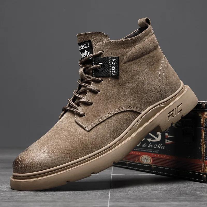 New Shoes for Men Genuine Leather Ankle Boots Autumn Fashion High Tops Leather Casual Shoes Cool Work Shoes Winter Plush Boots