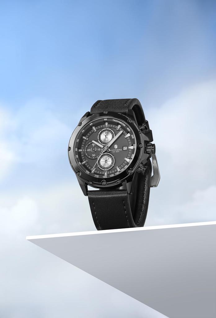 SAPPHERO Analog Quartz 50m Water Luminous Date Artificial Leather Mineral Suitable for Business and Outdoor Black Black Dial Men's Watch, Resistant,