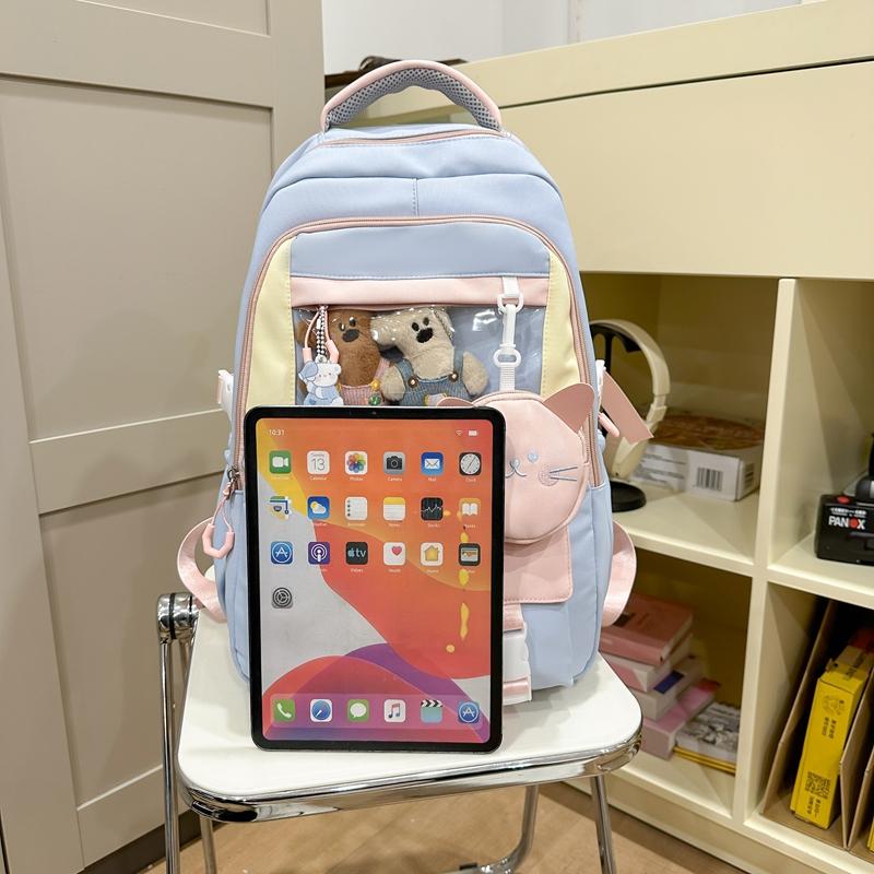 Large Capacity Student Schoolbag Women's Cat Pattern Backpack Color Contrast Backpack with Coin Purse