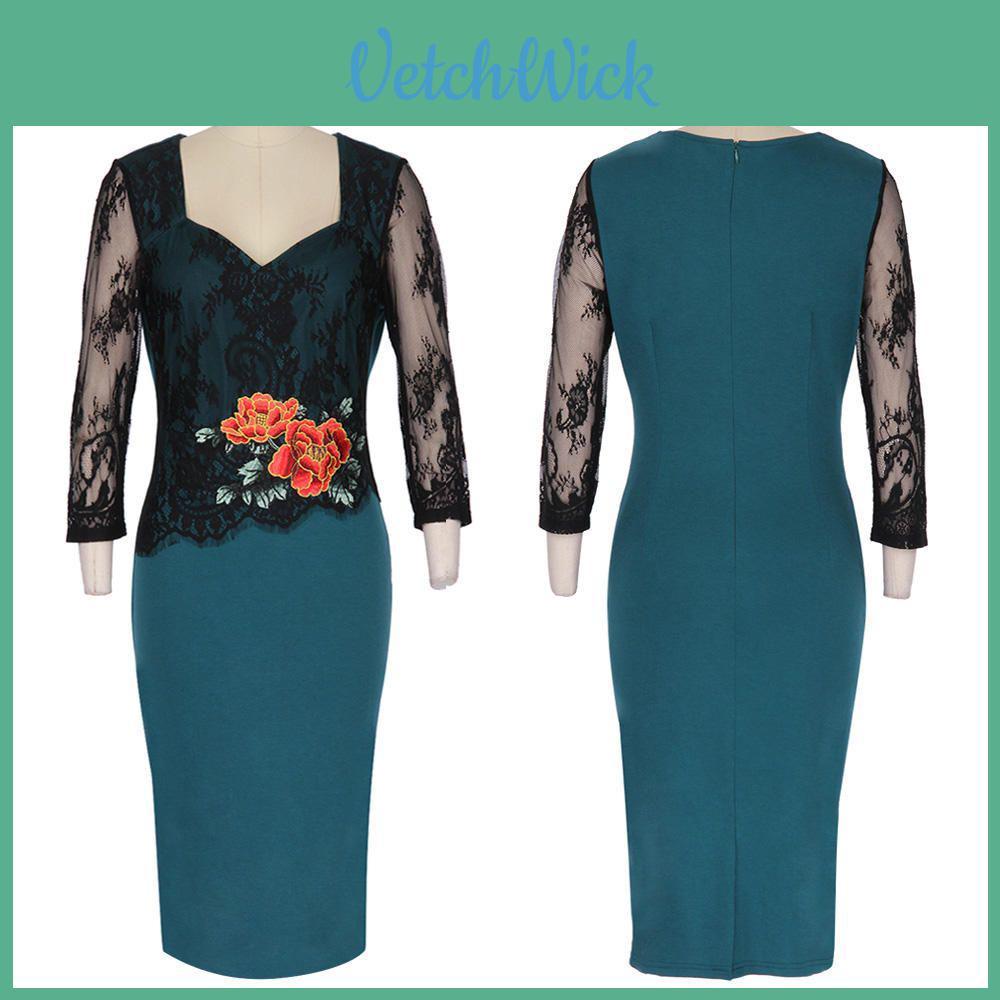 Elegant Office Women Sexy V-neck Lace Embroidered Floral Cocktail Evening Party Dress For Timeless Style