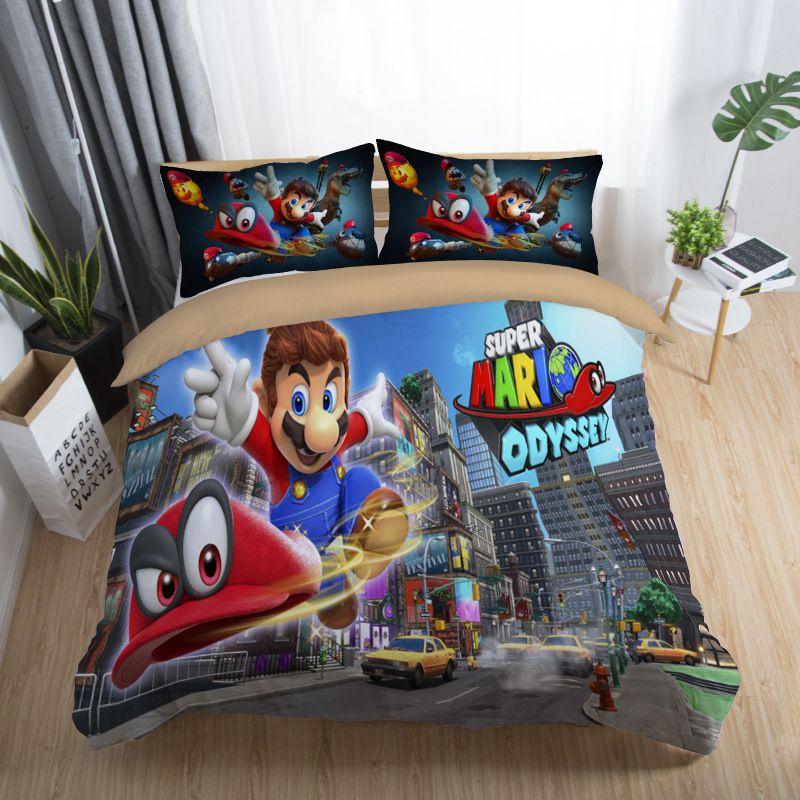Nintendo Super 3pc Mario Cartoon Odyssey Single Panel Duvet Cover Set Bedding