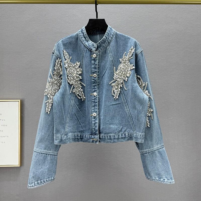 Giacca di jeans da donna con strass, vestibilità larga, manica lunga, capospalla casual