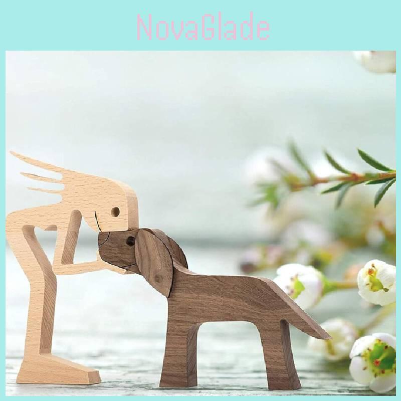 Wooden Dog Family Decor Figurine With Modern Minimalist Design For Home Office