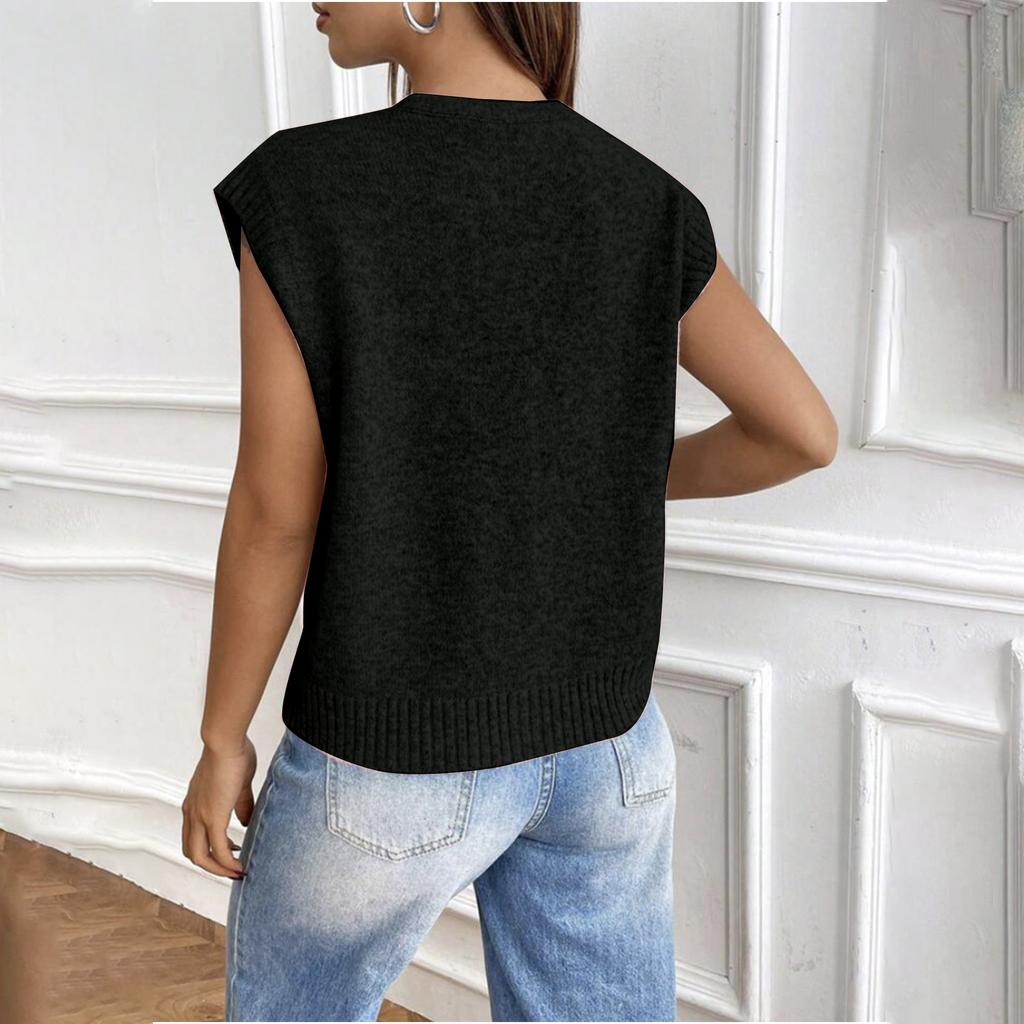 Women's Loose Knitted Vest V-Neck Solid Color Sweater