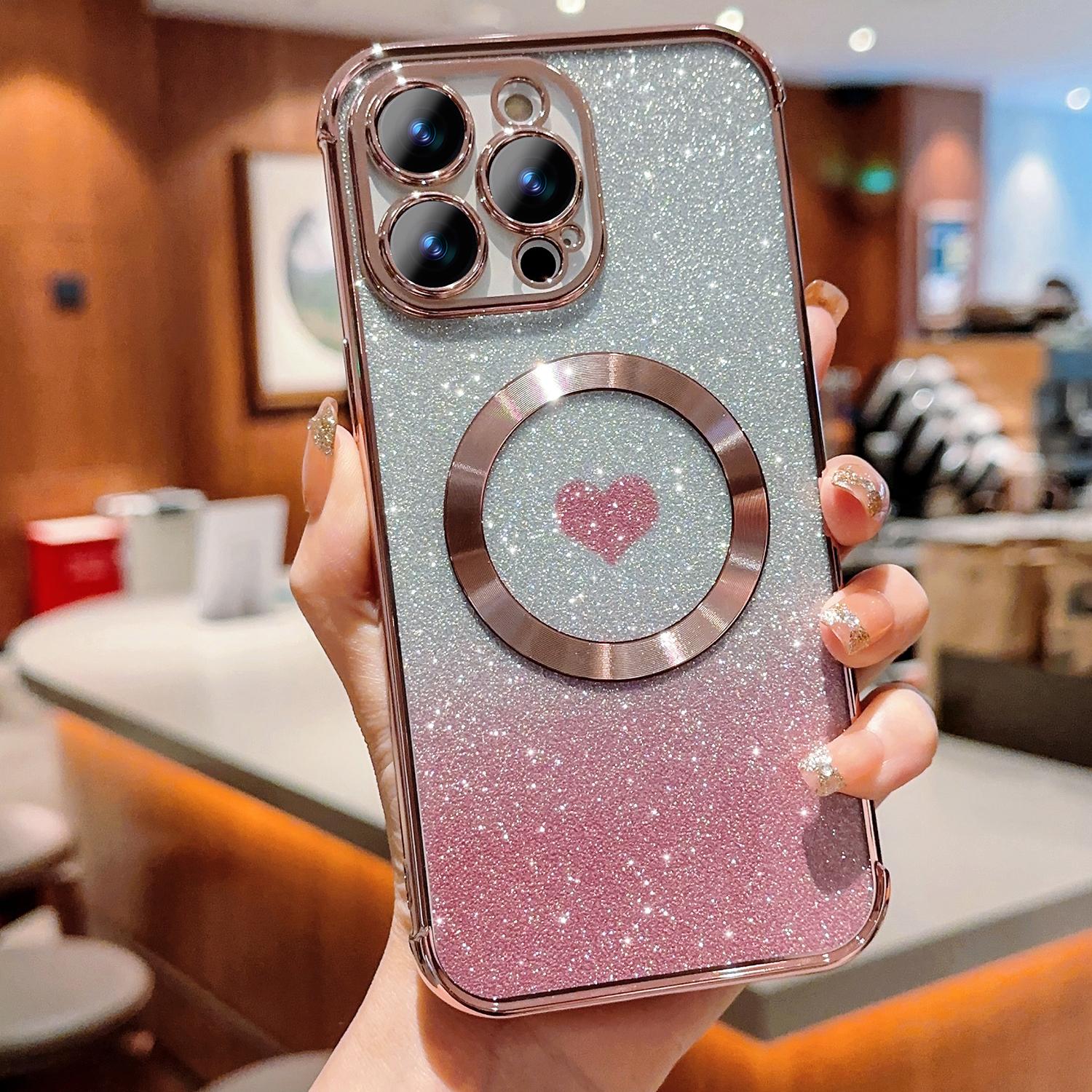 

For iPhone 14 Pro Max Magnetic Case Gradient TPU Phone Cover with Cute Love Heart Pattern Rose Pink