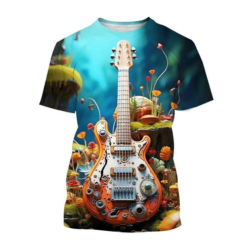Camiseta con estampado 3D de arte de guitarra creativa, patrón de instrumento musical, camiseta de manga corta con cuello redondo para hombres, camisetas casuales