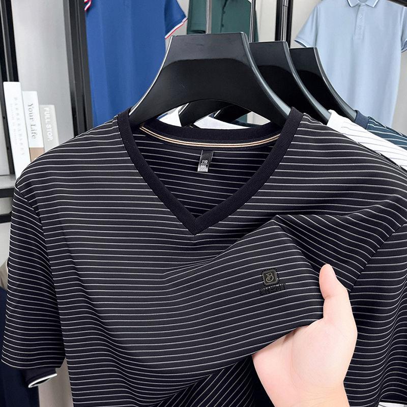Men Summer Lightweight Breathable Ice Silk Short Sleeve T-shirt Casual Trendy Striped Design