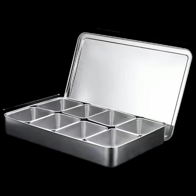 Japanese Style 8-Compartment Steel Ingredient Box with Lid and Spoon
