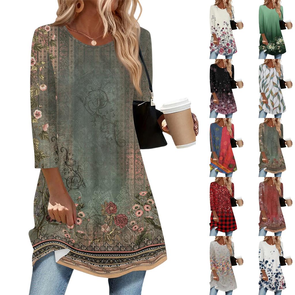 Women's Fashion Casual Three-quarter Sleeve Long Floral Print Round Neck Top