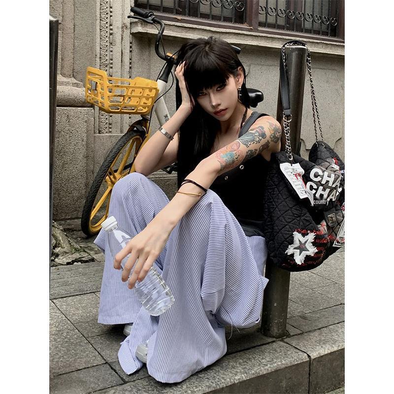 INS Lazy Style Striped Layered Wide-Leg Tie-Up High Waist Casual Floor-Length Pants