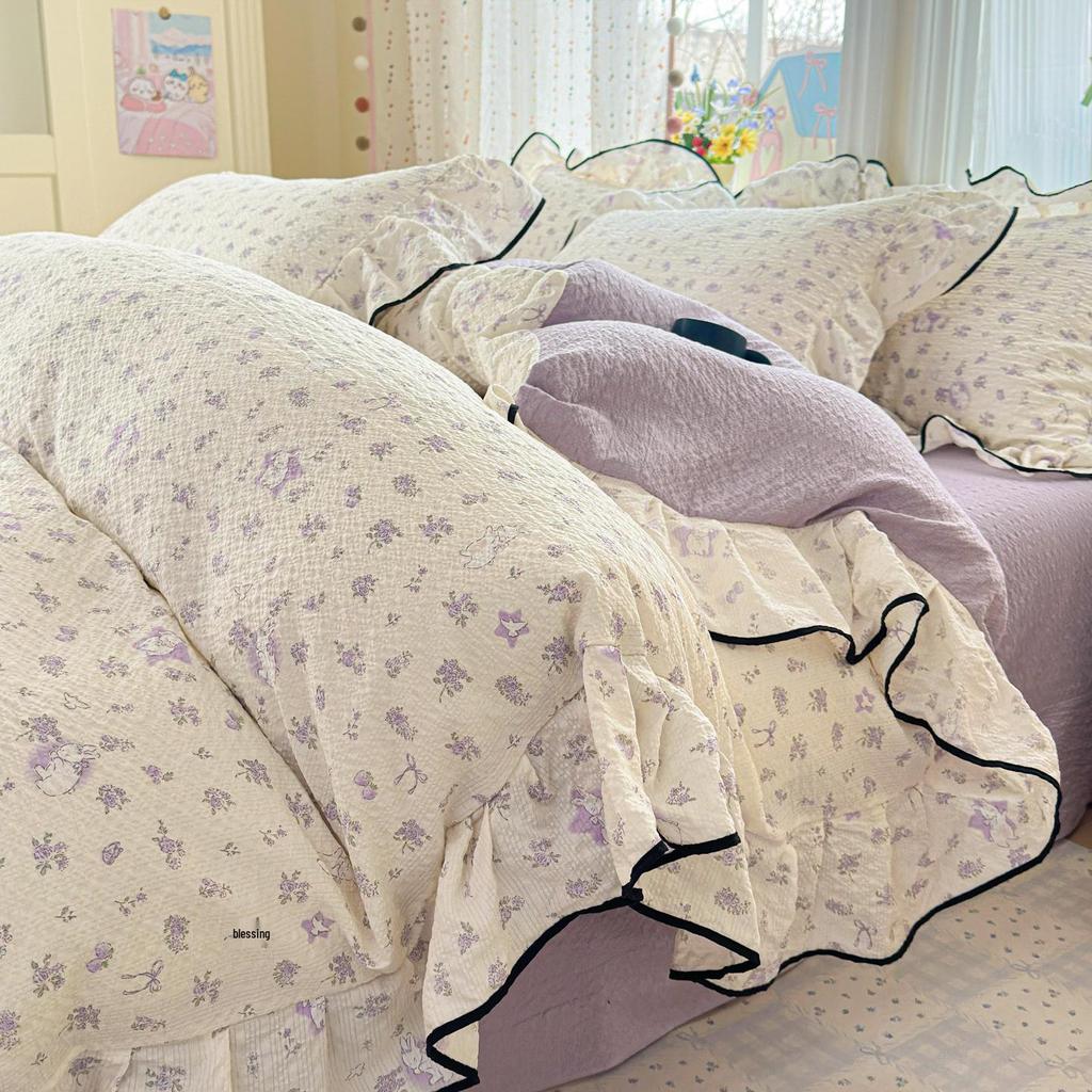 Bubble Cotton Fresh Floral Lace Bedding Set - 4-Piece Soft Duvet Cover & Sheet