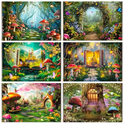 Contes de Fées Forêt Enchantée Arrière-plan Pays des Merveilles Jungle Onirique Champignon Anniversaire Bébé Fête Photographie Arrière-plan Studio Photo