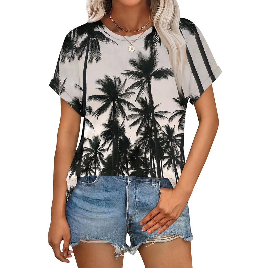 Women's Casual Fashion Round Neck Rolled Hem Short Sleeve Floral Top