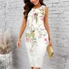 Women Plus Size Crew Neck Sleeveless Midi Dress Navy Blue Base White Cherry Blossom Branch Print Bodycon Dress