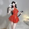 Fun women's new patent leather demon uniform suit role-playing glossy PU neck strap perspective skirt