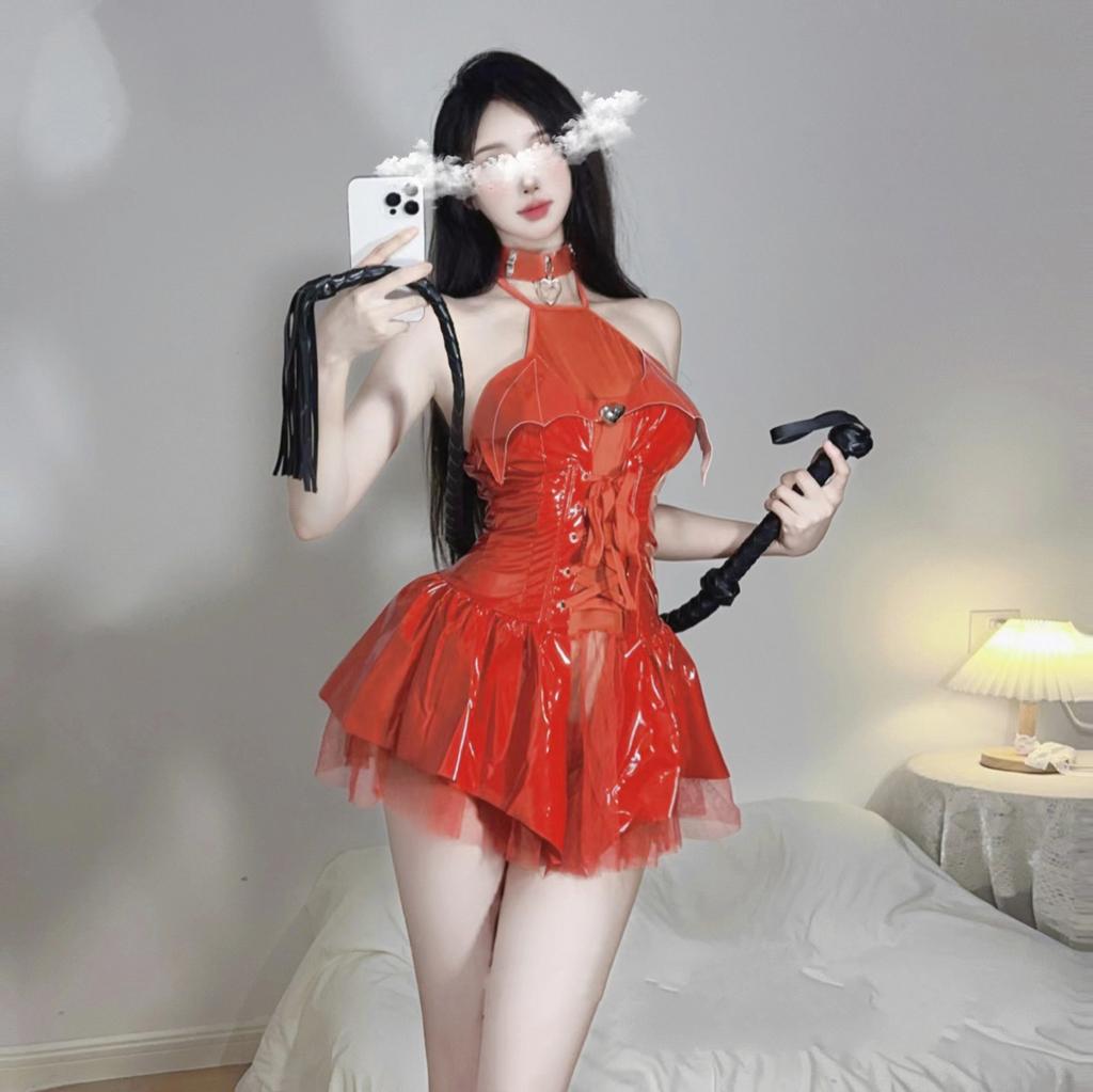 Fun women's new patent leather demon uniform suit role-playing glossy PU neck strap perspective skirt