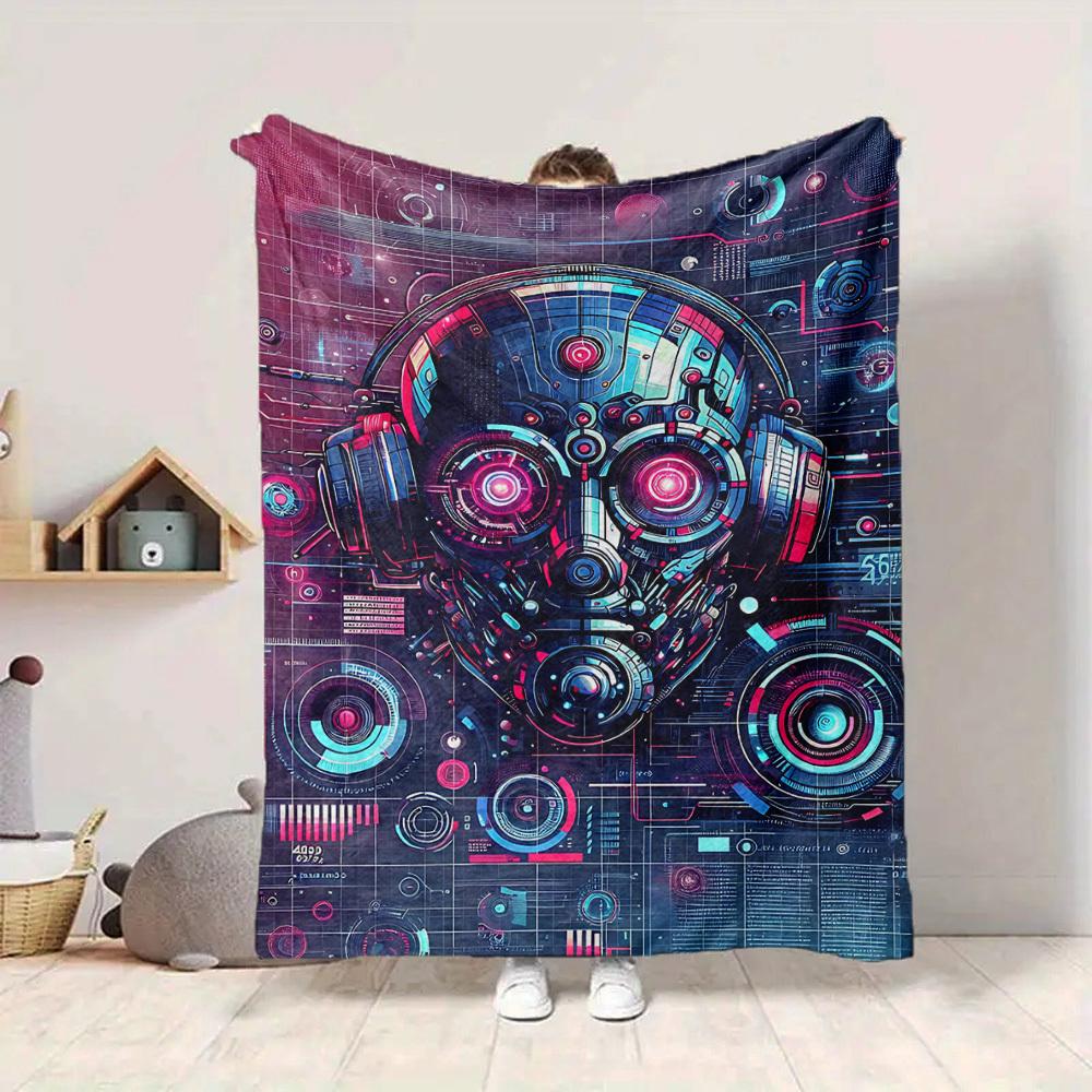 1pc Cyberpunk Robot Print Blanket   Lightweight Flannel Throw Blanket For Sofa, Bed, Living Room, Office, Outdoor Travel, Camping