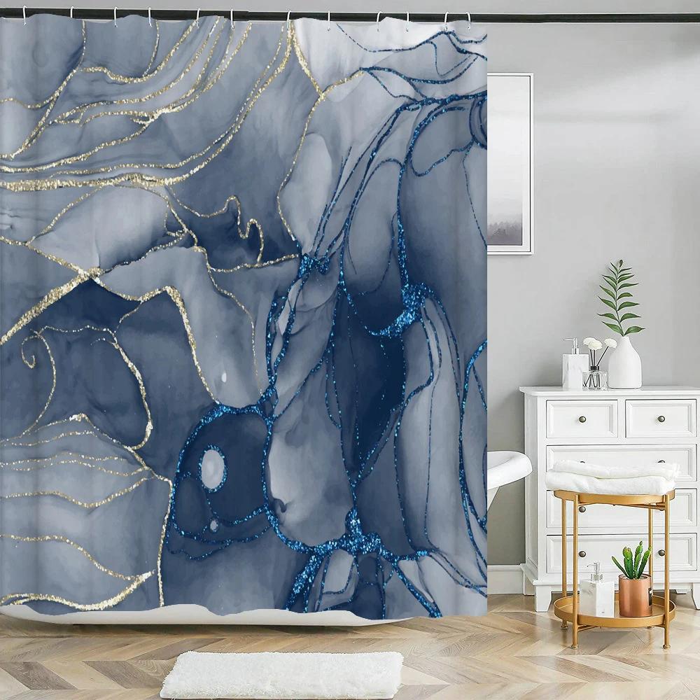 Blue Gold Marble Ink Texture Shower Curtain Abstract Modern Shower Curtain for Bathroom Decor with Hooks 3D Bathroom Screen