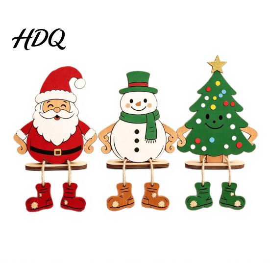 Tiered Tray Christmas Decor 3Pcs 2D Wooden Hanging Ornaments Cartoon Santa Snowman Tree Figurines Indoor Seasonal Table with Leg Design Holiday