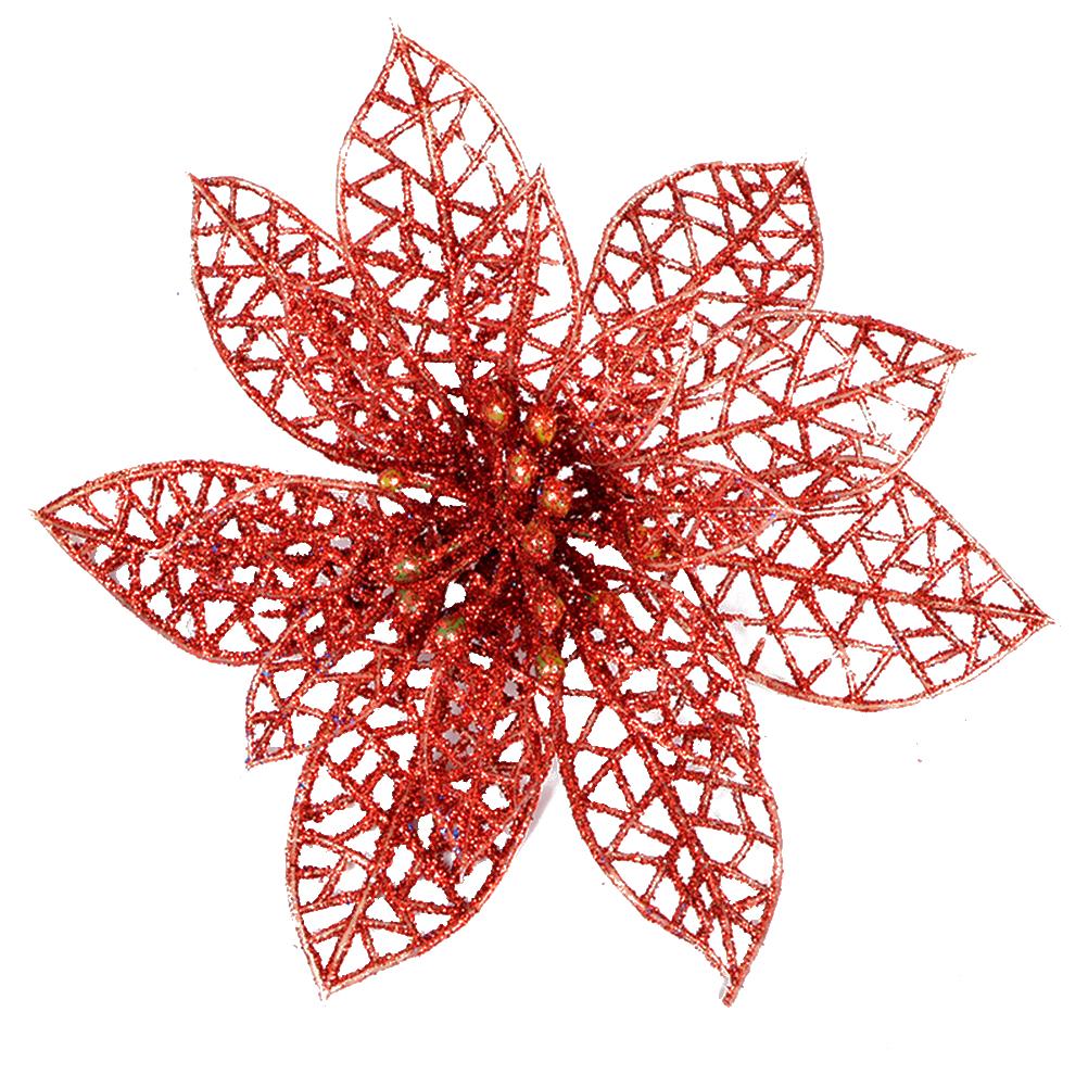 10pcs Christmas Glitter Poinsettia Flowers Tree naments Flower Artificial Decoration Tree nament Xmas Party Supplies