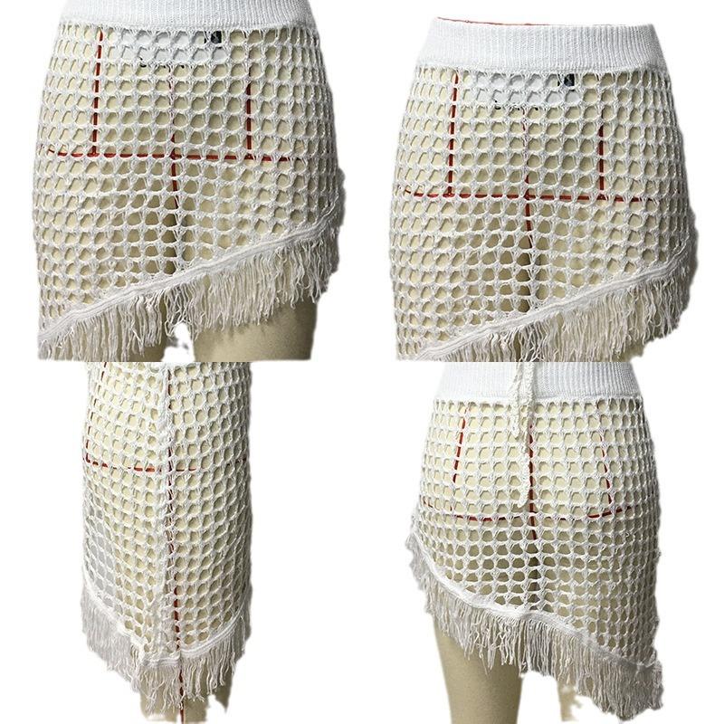 Summer Women's Skirt Sexy Hollow Out Knitted Fashion Personalised Tassel Beach Cover-up Skirt