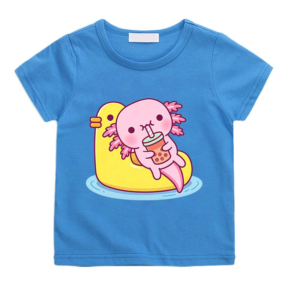 Cute Pink Axolotl Children's T-shirt Cartoon Print 100 %Cotton Tees Round Neck Boys Girls Short Sleeve Casual Kids Top Summer