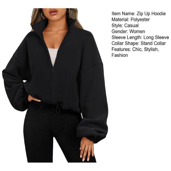 Women's Zip Drawstring Fleece Short Jacket Full Hem Stand Collar Warm