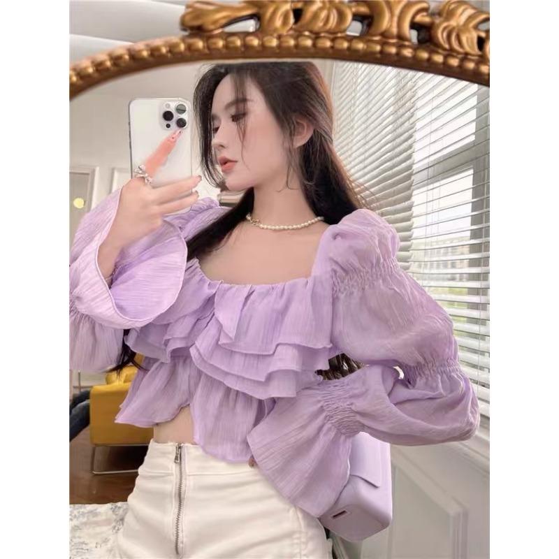 Sweet Temperament Square Neck Ruffled Bubble Sleeves Women's Shirt