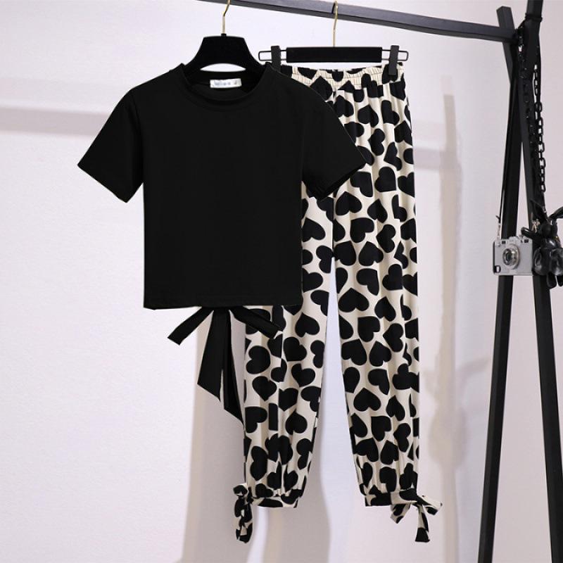 Set de vară cu model inimă, subțire, din două piese, pentru studenți: Stil Stradal Casual cu Design Dulce sau Cool