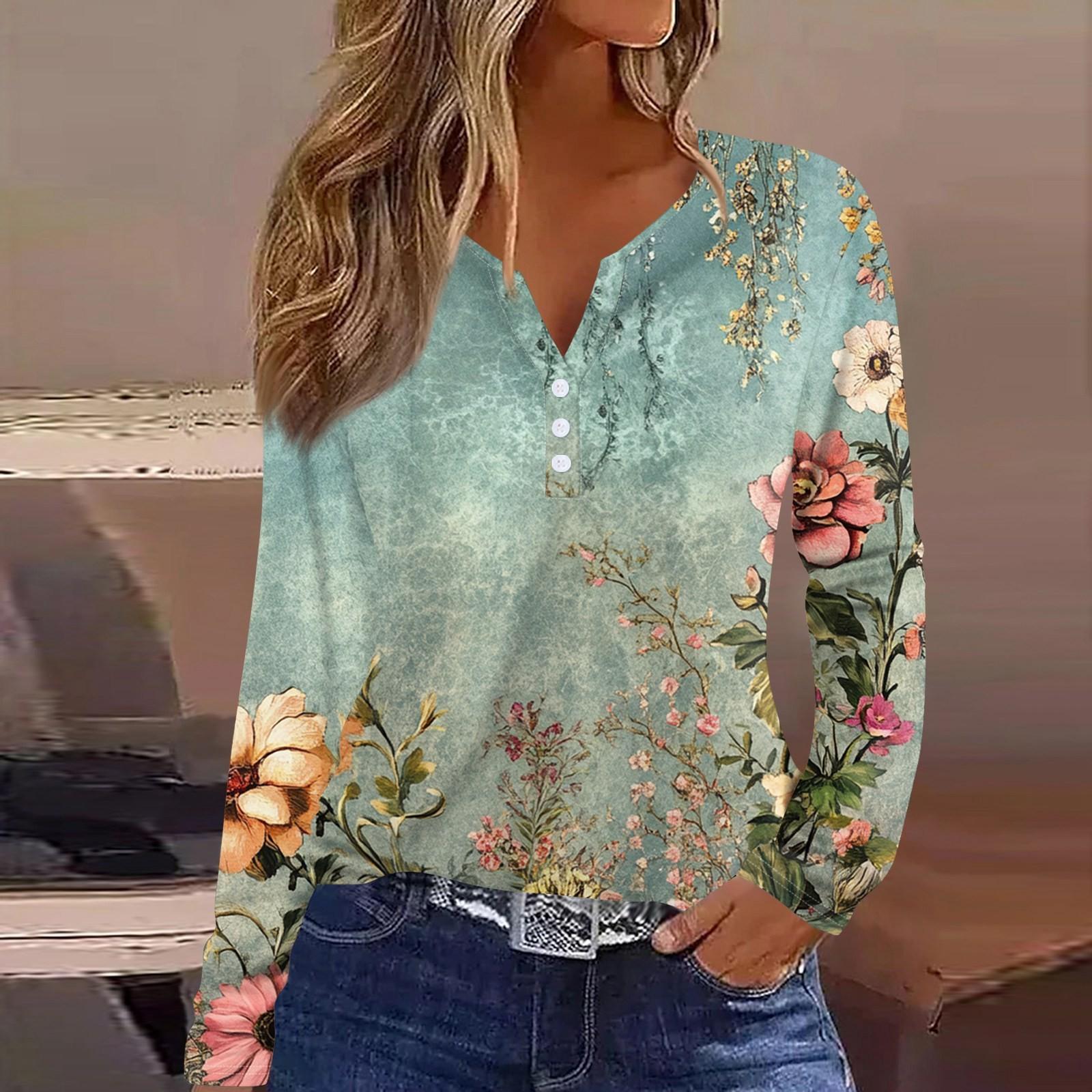 Жен. Футболка Футболка С принтом Пуговицы Длинный рукав Повседневные Выходные Мода — фото 4