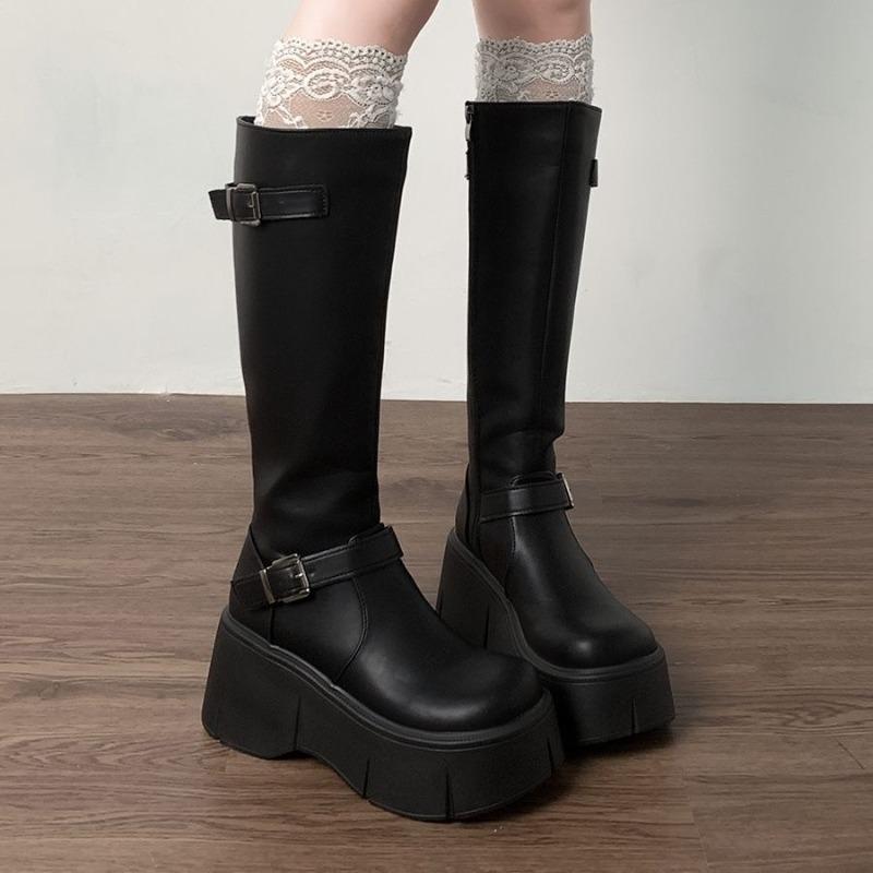 Classics Black Women'S Boots Height Increasing Knee-High Long Boots Women Belt Buckle Side Zip Round Toe Wedge Platform Shoes