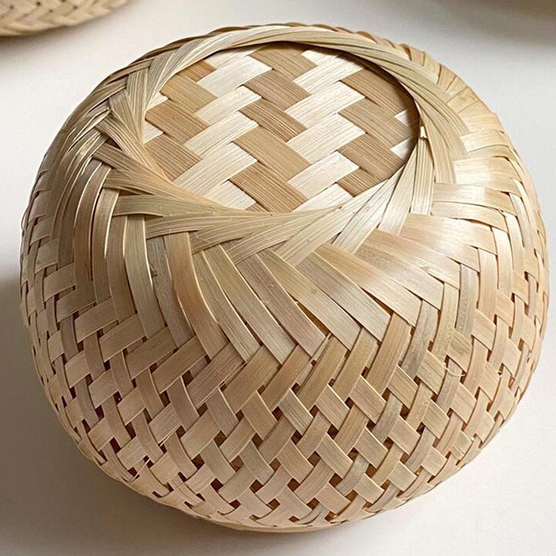 Bamboo Storage Basket Double Layer with Cover Handmade Woven Tea Basket Tabletop Storage Box for Tea Fruit Dried Fruit Snack