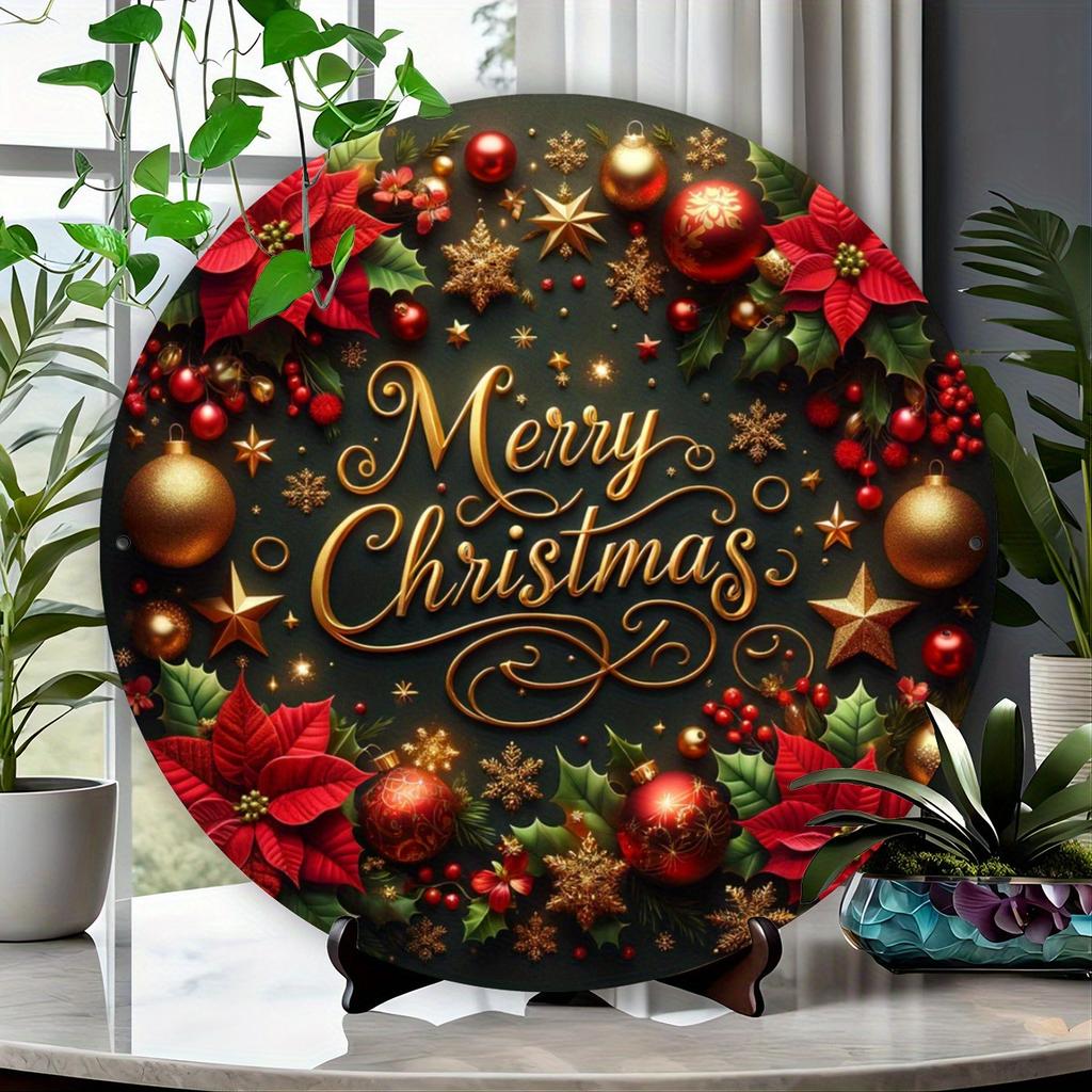 Cozy Christmas Wreath Metal Sign - 8" round festive home decor perfect for holiday celebrations