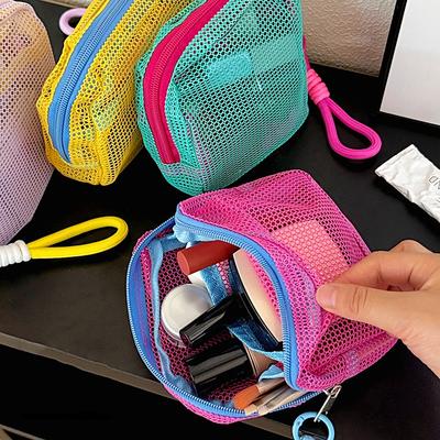 Quadratische Netztasche Strandtasche mit Reißverschluss Bunte Make-up-Taschen für Damen Niedliches Schüler-Etui Kosmetiktasche