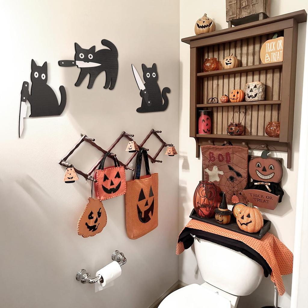 Beliebtes Schwarze Katze Halloween Wanddekoration 3-teiliges Set Mit Messer Holzhandwerk Anhänger für Kätzchen