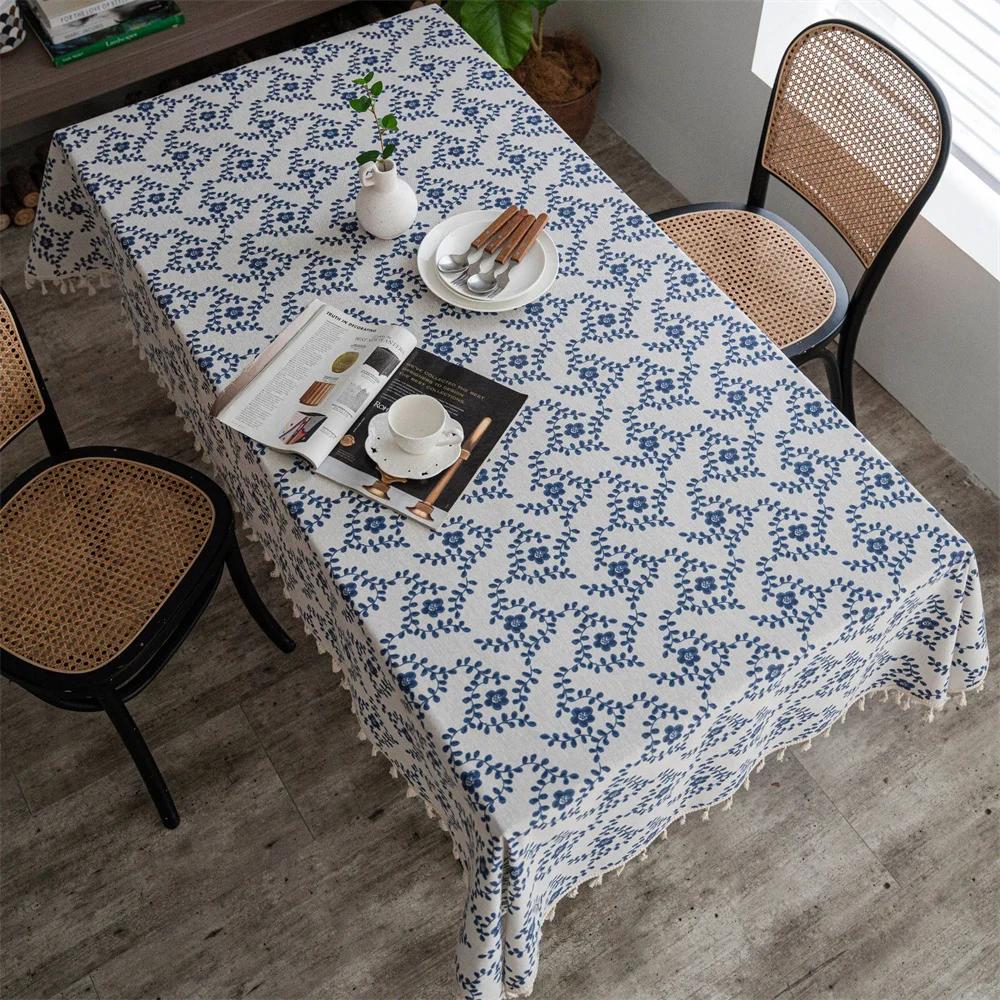 Clochef 1pc Vintage Blue Plum Blossom Pattern Broom Beige Tassels Tablecloth Dinner Picnic Home Decorative Table Cover