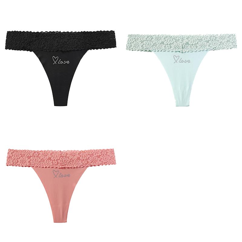 CINOON 3 Stück/Los Damen Sexy Niedrig geschnittener Tanga Spitze am Bund Nahtloser Slip Einfarbiger Leichter Atmungsaktiver Tanga