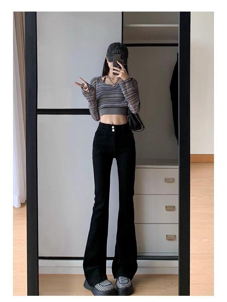 Cement Gray High-Waist Elastic Flared Jeans for Women - Petite Slim Fit, Spring/Autumn 2024