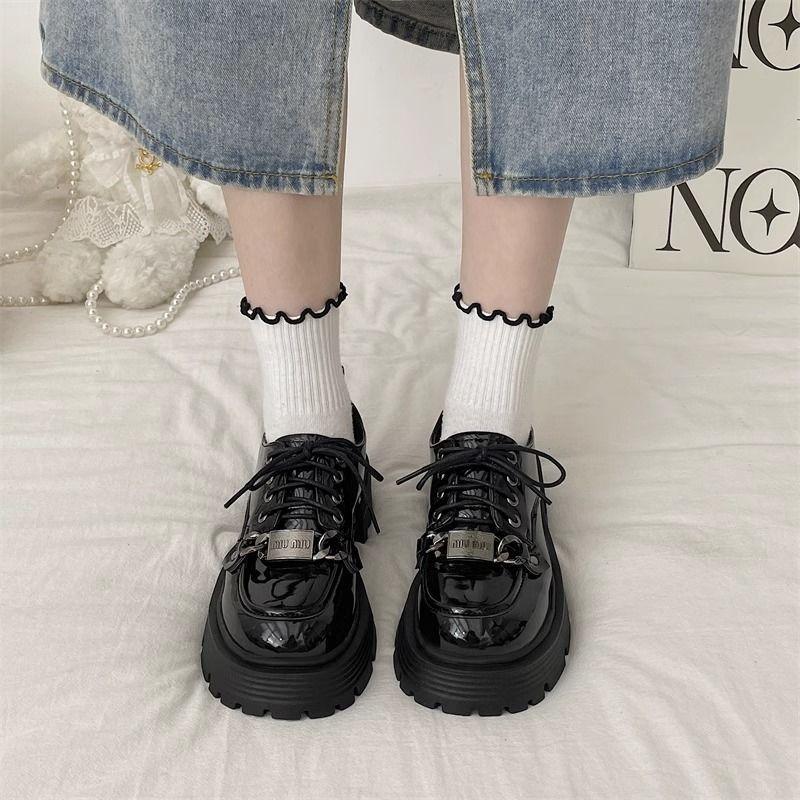 Black Small Leather Shoes Women's Spring Thick Heel Thick Sole Mary Jane Leather Surface Word with High Heels Waterproof Table Jk Loafers