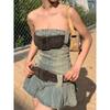 Vintage Y2k Strapless Denim Dress Women Summer Bodycon Sexy Korean Fashion Kpop Belt Pleated Mini Dress 2000s Streetwear